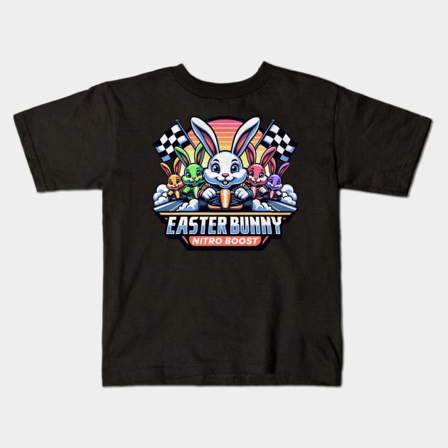 Easter Bunny Nitro Boost Cute Racing Bunnies Checkered Flag Race Track Happy Easter Rabbit Racer Kids T-Shirt by Carantined Chao$